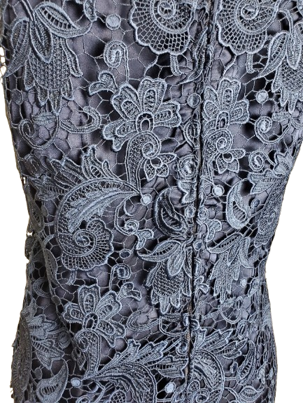 Close-up of a black lace garment with intricate floral patterns.