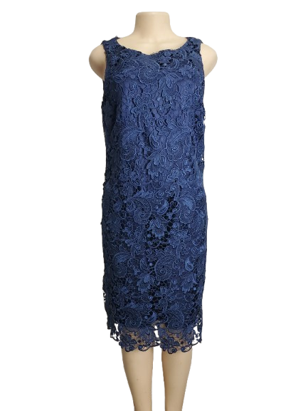 Blue lace dress on a mannequin against a white background