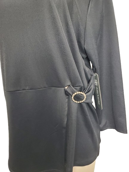 black top with a belt and tag on a white background