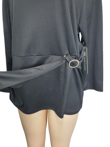 black blouse with a tie detail on a white background