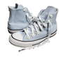 Light blue high-top sneakers with white laces on a white background