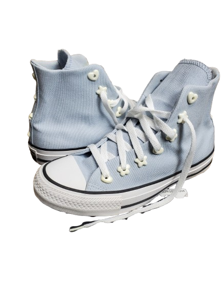 Light blue high-top sneakers with white laces on a white background