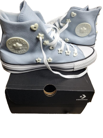 Light blue Converse high-top sneakers with white laces on a black Converse box.