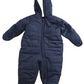 Navy blue baby snowsuit on a white background