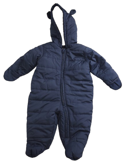 Navy blue baby snowsuit on a white background