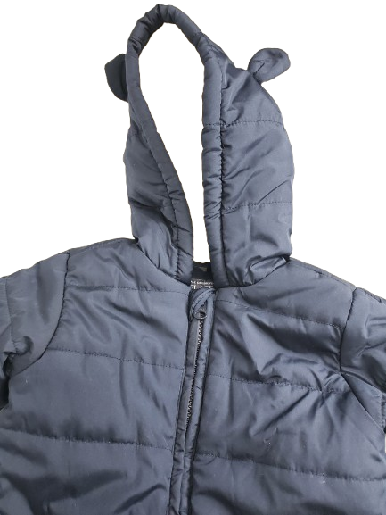 Blue puffer jacket with a hood on a white background