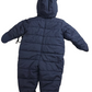 Navy blue snowsuit with a hood on a white background
