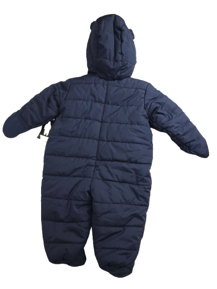 Navy blue snowsuit with a hood on a white background