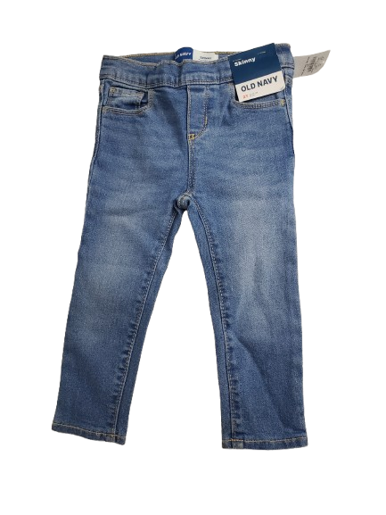 Pair of blue jeans with Old Navy tags on a white background