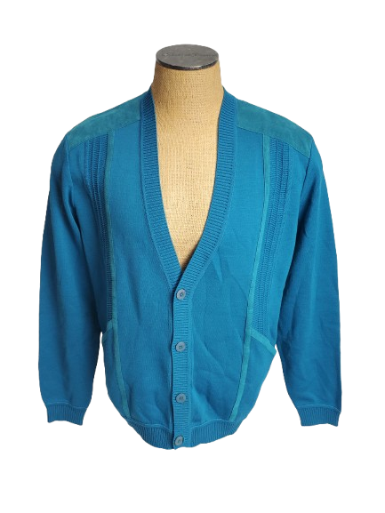 Blue cardigan on a mannequin against a white background