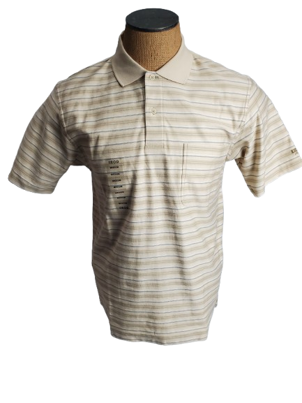 Beige striped polo shirt on a mannequin against a white background