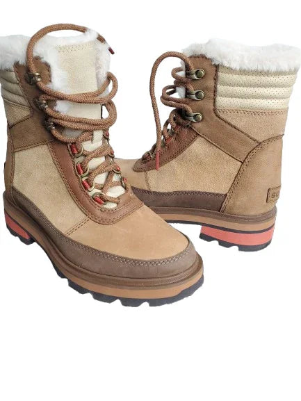 Pair of brown winter boots with white fur lining on a white background