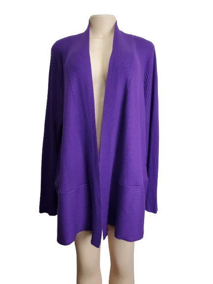 Purple cardigan on a mannequin against a white background