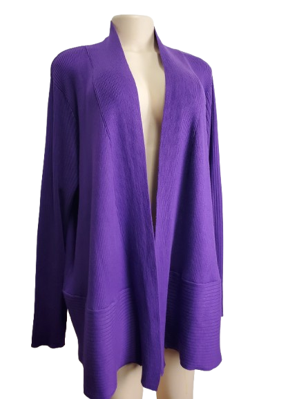 Purple cardigan on a mannequin against a white background