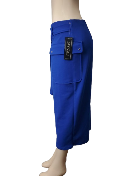 Blue pants with a visible brand label on a mannequin against a white background