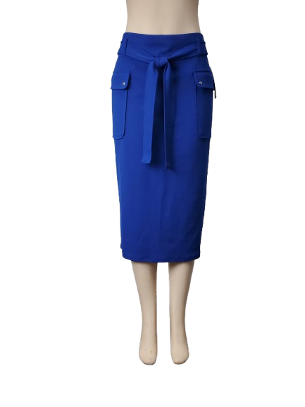 Blue skirt with a belt on a mannequin against a white background
