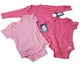 Pink baby onesies with tags on a white background