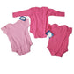 Pink onesies set with tags on a white background