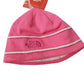 Pink knit beanie with white stripes and a brand tag on a white background