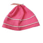 Pink knit hat with white stripes on a white background