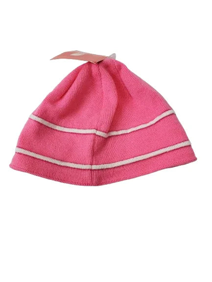 Pink knit hat with white stripes on a white background