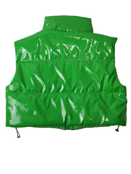 Green patent vest on a white background