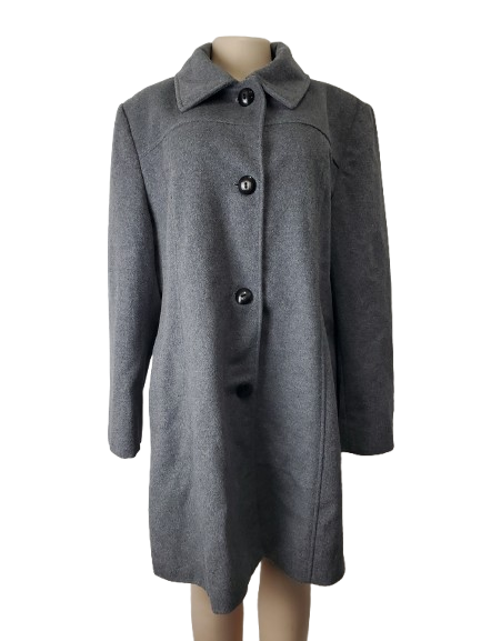 Gray coat on a mannequin against a white background