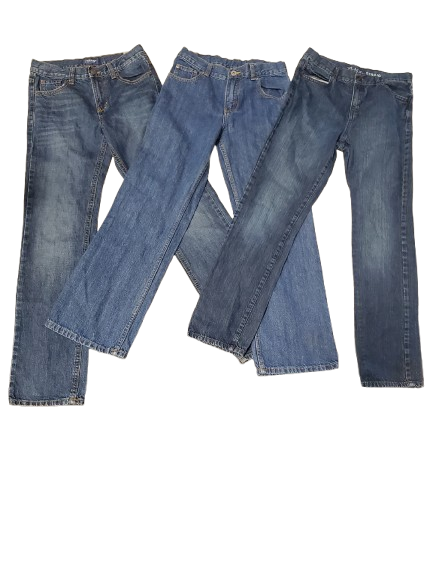 Three pairs of blue jeans on a white background