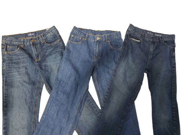 Three pairs of blue jeans stacked on a white background