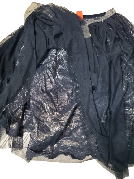 Dark blue sheer top with lace details on a white background