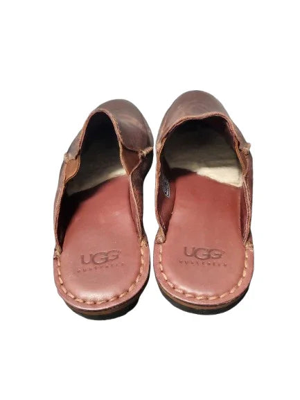 Pair of brown UGG sandals on a white background
