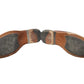 Pair of brown leather shoe soles with gray insoles on a white background
