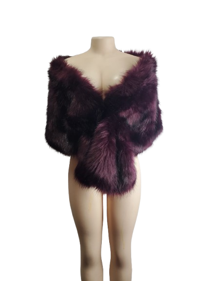 Purple fur shrug on a mannequin against a white background