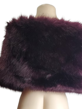 burgundy fur shrug on a mannequin against a white background