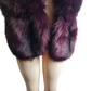 Purple fur stole worn over a person's shoulders on a white background