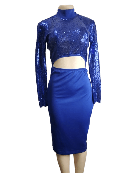 Blue sequin top and skirt set on a mannequin against a white background