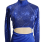 Blue sequin top on a mannequin with a white background