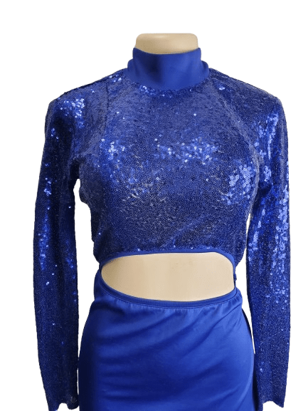 Blue sequin top on a mannequin with a white background