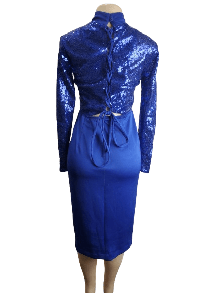 Blue sequin dress on a mannequin against a white background