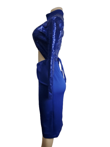 Blue sequin dress on a mannequin against a white background