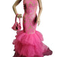 Pink lace evening gown with a matching handbag on a mannequin against a white background