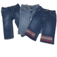 Three pairs of blue jeans with patterned accents on a white background