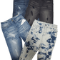 Four pairs of jeans shorts with different styles and colors on a white background