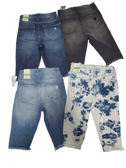 Four pairs of jeans shorts in different styles and colors on a white background