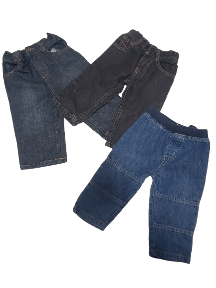 Three pairs of blue jeans, one dark and one light, on a white background