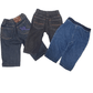 Three pairs of blue jeans stacked on a white background