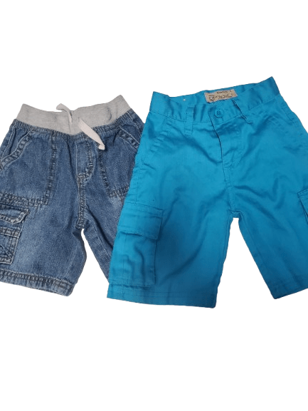 Two pairs of pants, one blue and one denim, on a white background