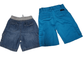 Two pairs of shorts, one blue and one denim, on a white background