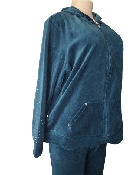 Blue velour jogging suit on a mannequin against a white background