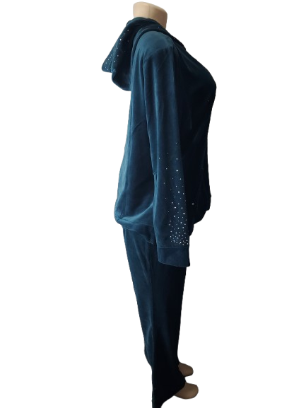 Mannequin wearing a teal hoodie and pants on a white background